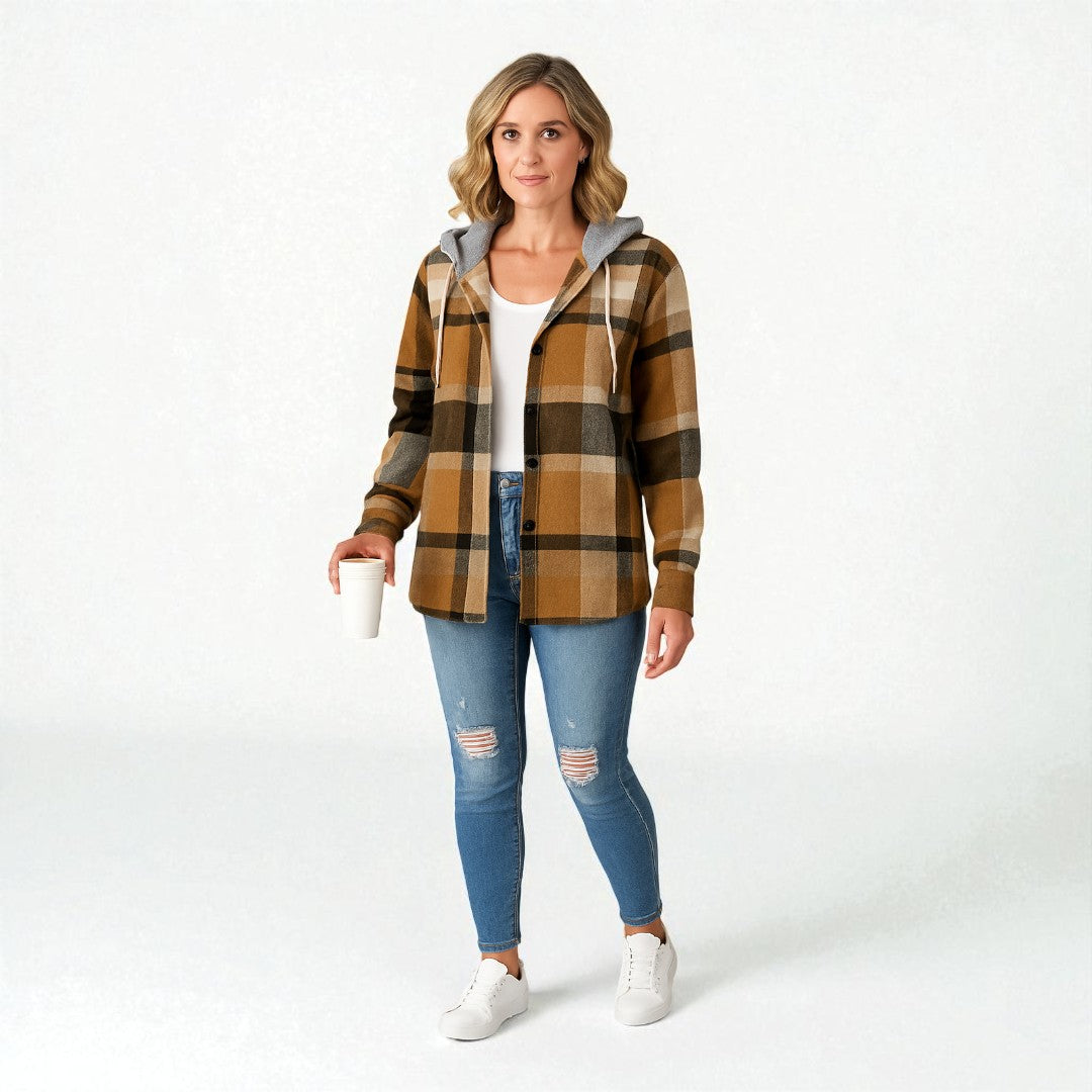 Kariertes Damenhemd mit Kapuze und Knopfleiste