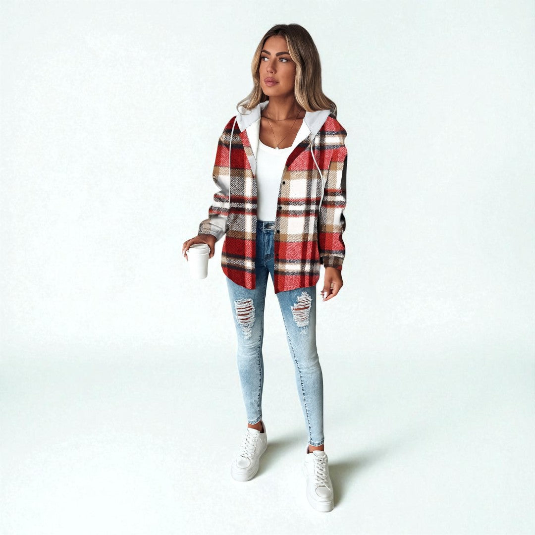 Kariertes Damenhemd mit Kapuze und Knopfleiste